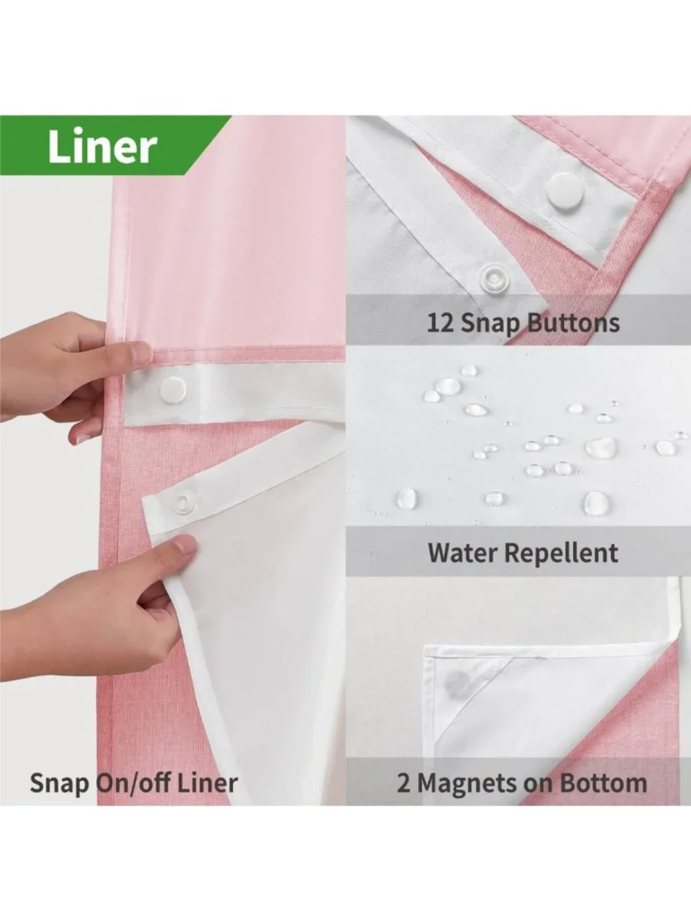 Linen Texture Shower Curtain with Snap-in Liner, 71x80, Pink - No Hook Design